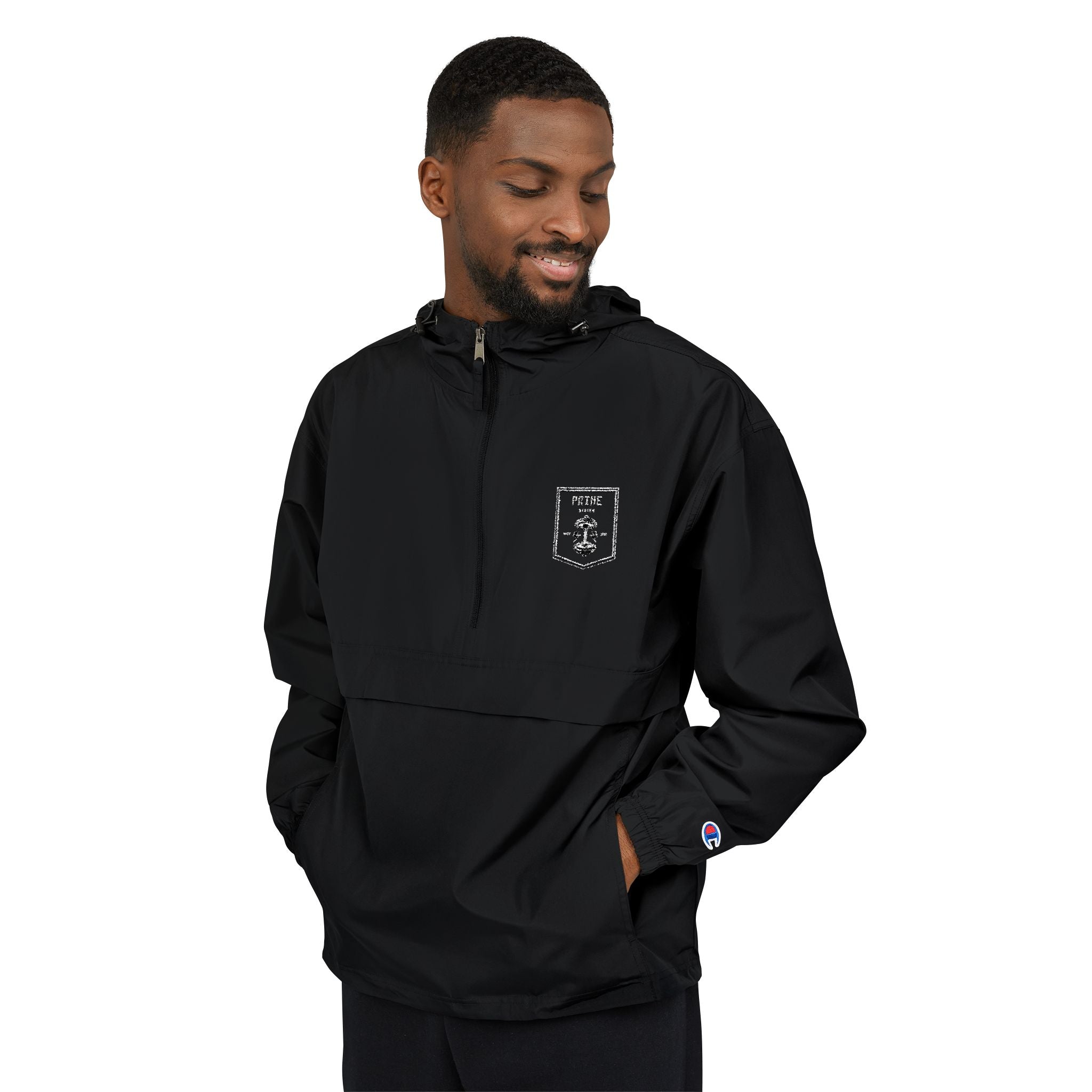 Champion Packable Anorak Jacket — Minimal Black Hoodie with Distressed Logo