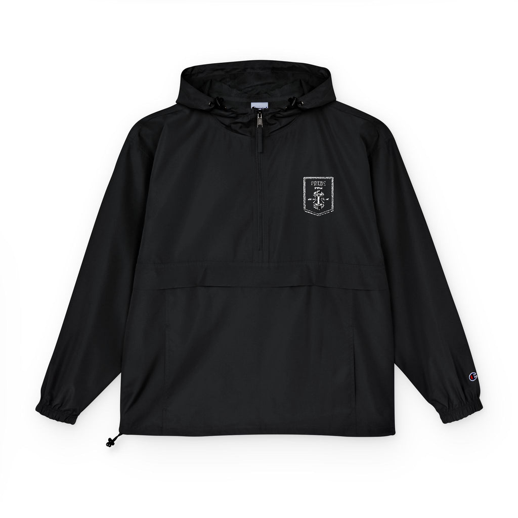 Champion Packable Anorak Jacket — Minimal Black Hoodie with Distressed Logo