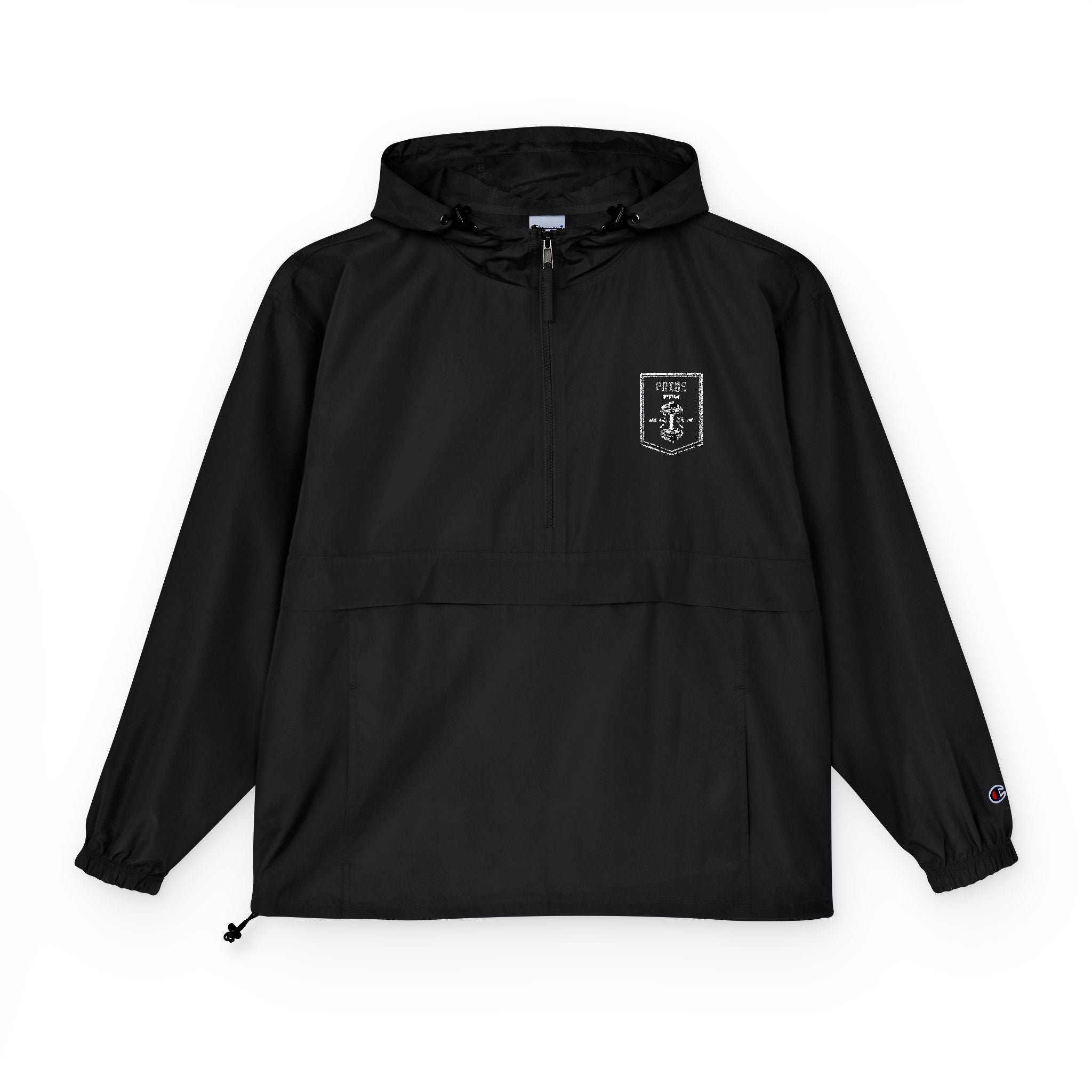 Champion Packable Anorak Jacket — Minimal Black Hoodie with Distressed Logo